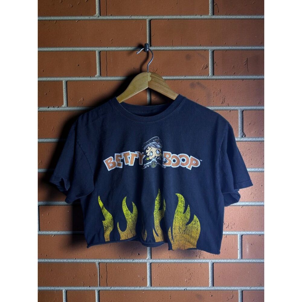 Betty Boop Flame Graphic Crop T Shirt Men's Large Black Y2K Cut Off Tee